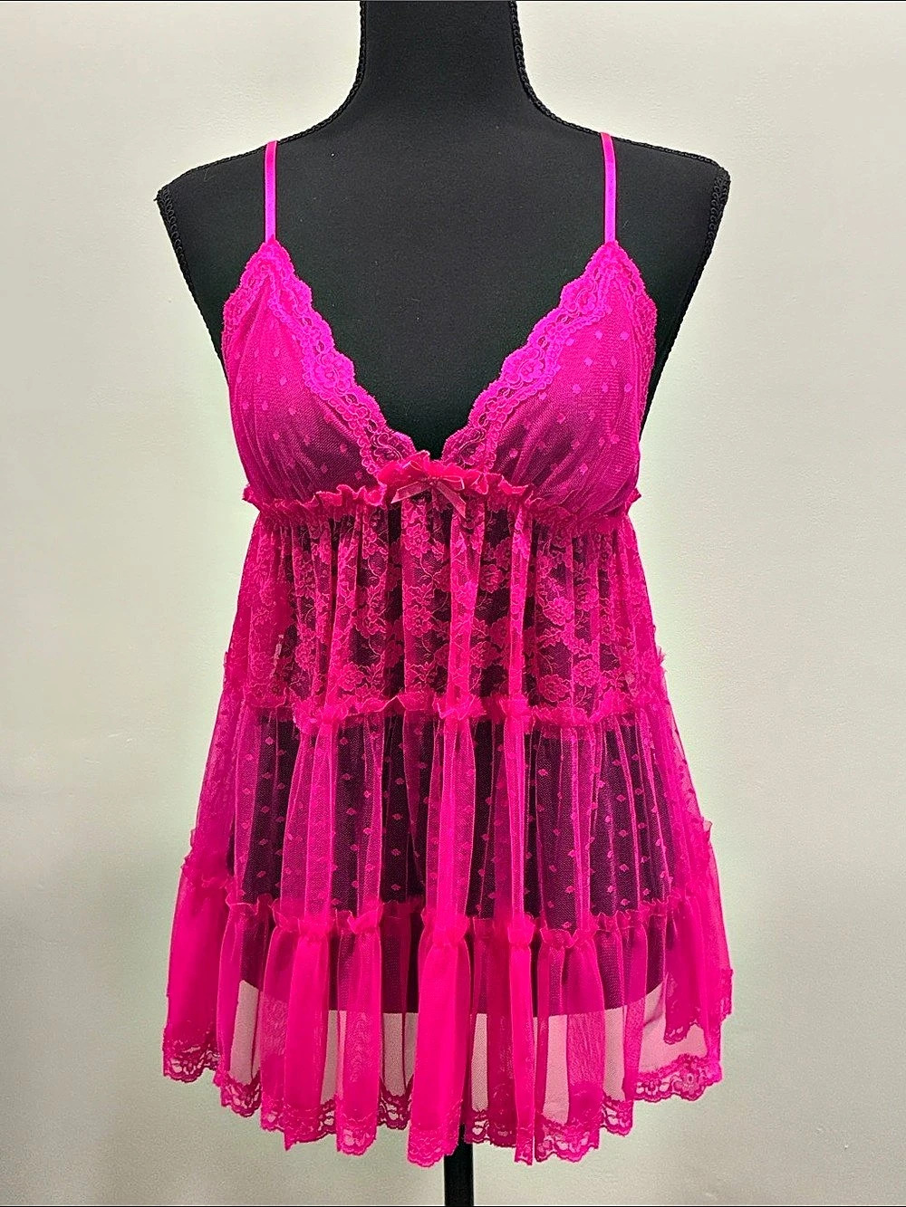 Victoria's Secret Dotted Mesh Lace Babydoll Hot Pink